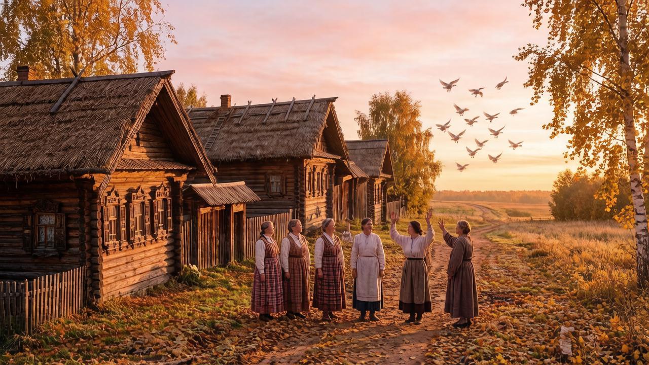 Крестьяне провожают улетающих гусей на праздник Никиты Гусятника.
